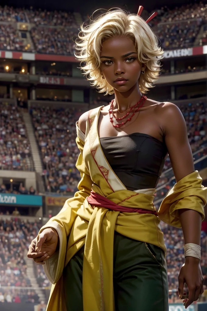 arslanaltan, 1girl, blonde hair, short hair, green eyes, dark skin, brown skin, hair ornament, sash, baggy pants, bandages, bare shoulders, necklace, (Masterpiece, Best Quality, Highres:1.2), Detailed, Intricate Details, 4K, solo, cowboy shot, high rating, arena, audience, crowd, closed mouth, serious look, serious expression, looking at viewer,