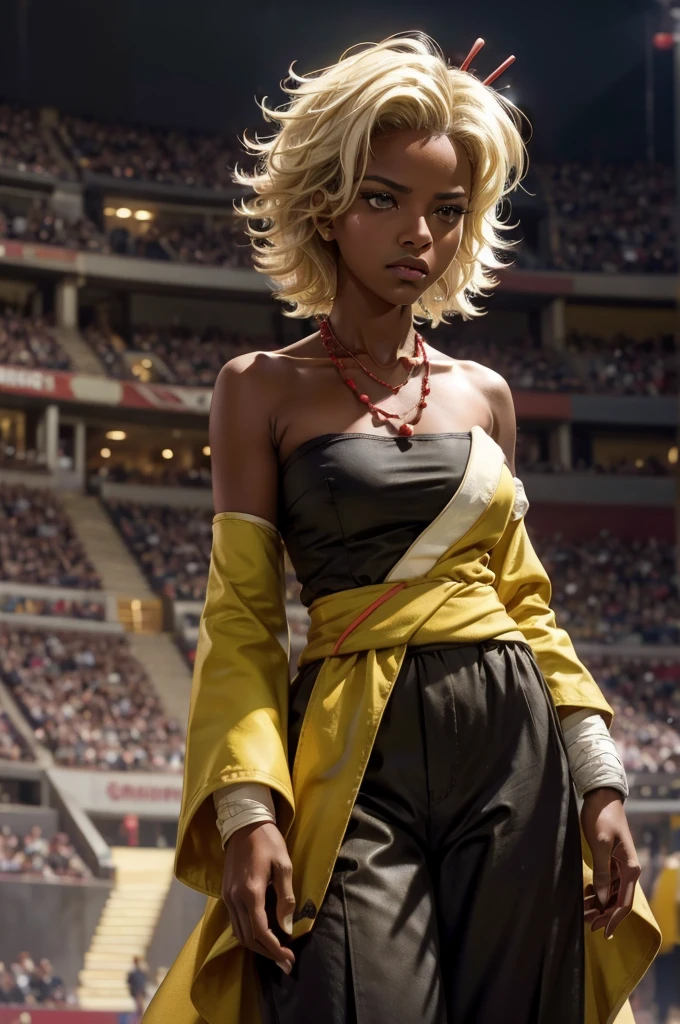 arslanaltan, 1girl, blonde hair, short hair, green eyes, dark skin, brown skin, hair ornament, sash, baggy pants, bandages, bare shoulders, necklace, (Masterpiece, Best Quality, Highres:1.2), Detailed, Intricate Details, 4K, solo, cowboy shot, high rating, arena, audience, crowd, closed mouth, serious look, serious expression,  looking at viewer,