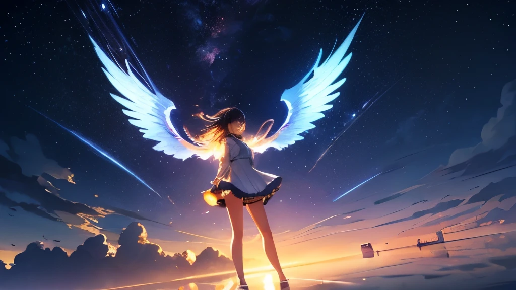 masterpiece、highest quality、One girl with wings,, Beautiful night sky, Meteors, Beyond the Clouds, Surrounded by water, reflection, Wide Angel, Breathtakingly beautiful clouds, Wide-angle, by makoto shinkai, Thomas Kinkade, James Gillard, From holosomnialandscape, High resolution, Volumetric lighting, Ray Tracing, Complex, Attention to detail, Very detailed, Deviant Art, 4K Landscape Wallpaper,colorful, Airy, Anime illustration, anime nature wallpapers