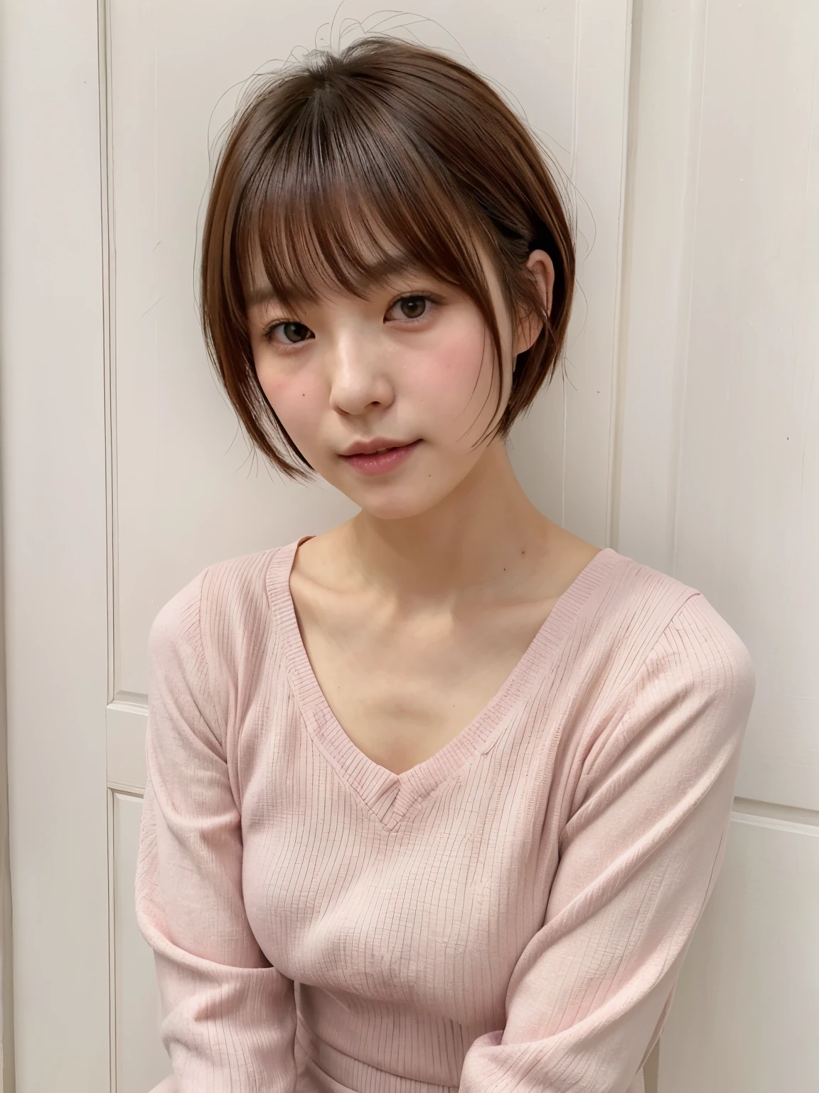 Tabletop、Japanese women、RAW Photos (30-year-old woman),Pink long sleeve dress,Realistic skin, (Skin with attention to detail:1.2),In front of a white door,Spring colors,Realistic, Film Grain,Bright colors,Beautiful Face,Soft natural light、Shortcuts、short hair