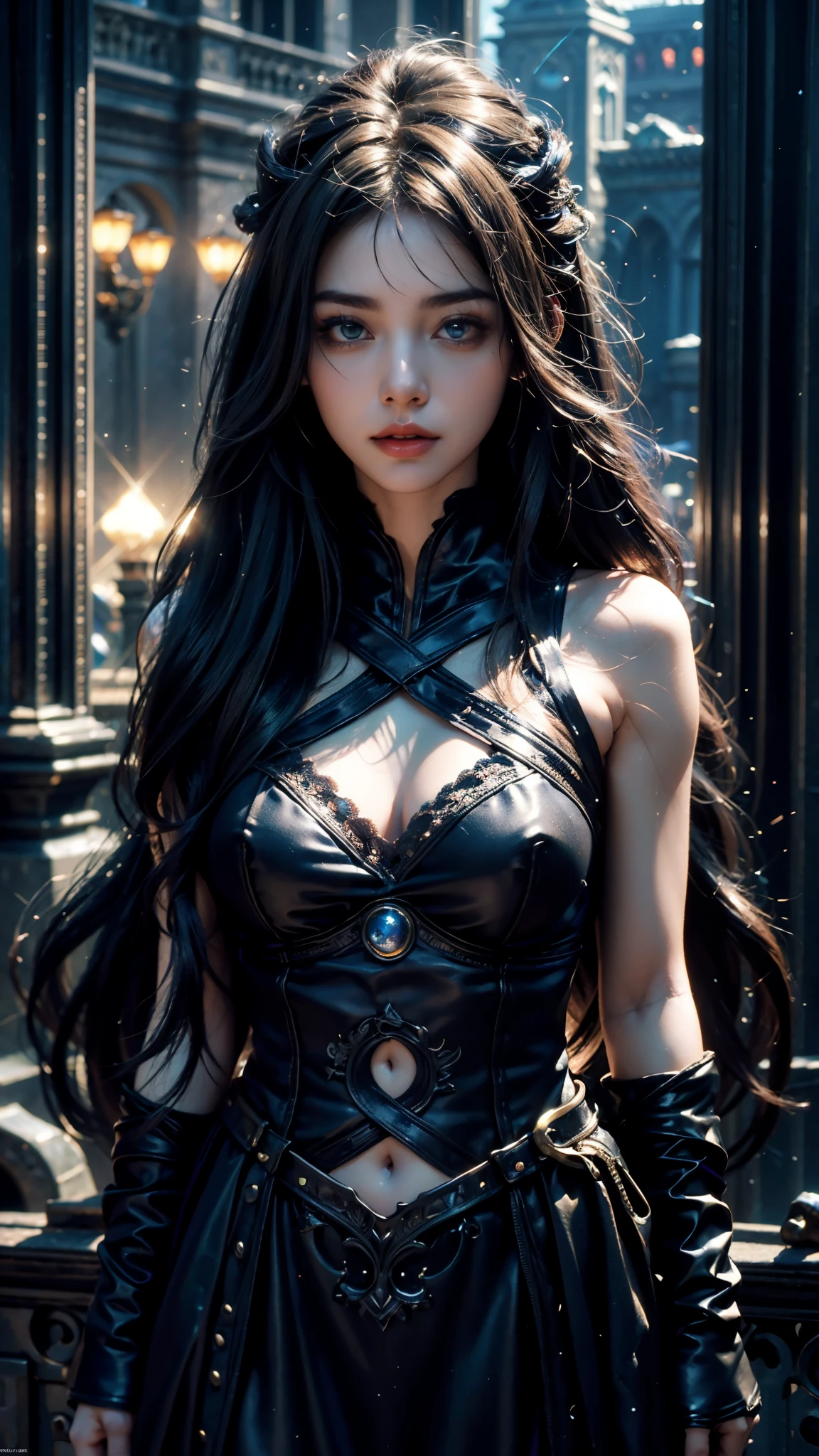 4k, UHD, masterpiece, 1 girl, good face, ((detailed eyes)), very long hair, impressive hairstyle, perfect brasts, fantasy clothing, black clothing, (bare waist:0.8), night city, building, lamps, depth of field, reflection light, sparkle, chromatic aberration,