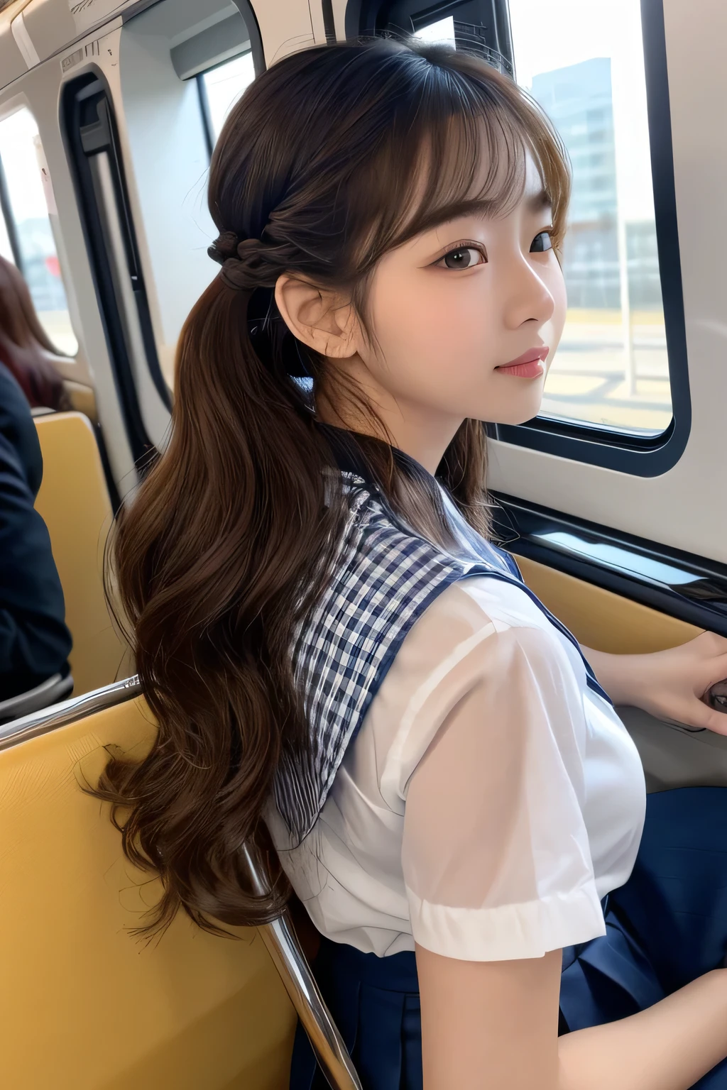 highest quality、High resolution、Detailed Background、(Beautiful face in every detail:1.4)、Anatomically correct、(Draw the usual number of fingers:1.2)、(Detailed facial expressions)、(Detailed eyes:1.2)、(Detailed eyes:1.2)、Beautiful, smooth skin、Teenage beauty、(Highly detailed face:1.4)、cute hair color、ponytail、Bobcut、Braided long hair、Wavy Hairstyle、well-groomed eyebrows、Perfect body line、In a crowded train、Navy blue sailor suit、White sailor collar、Checkered Pleated Skirt、White knee-high socks、Cowboy Shot、
(A cute girl commuting to school by train:1.5)、
Super close-up of a sexy nape from directly behind、Close-up of the nape from directly behind、cute