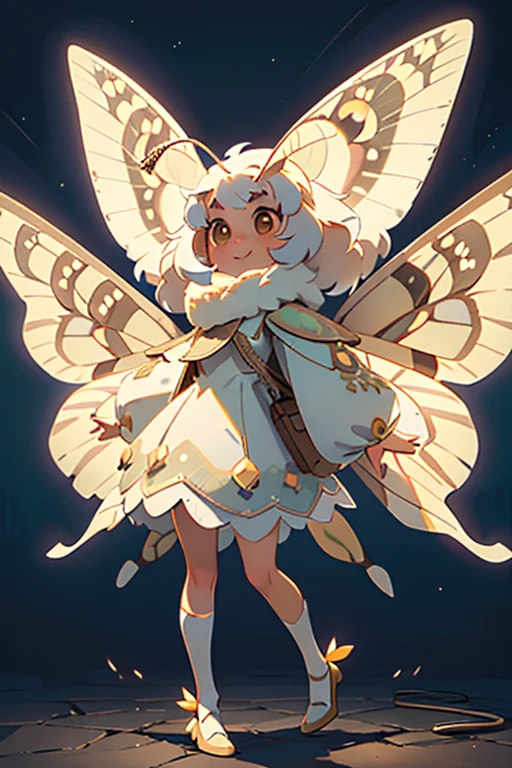 solo,1woman\(cute,kawaii,small kid,skin color white,short white hair,(big moth wing hair:1.7),white dress\(beautiful race\),(2moth antennaes at hair:1.8),smile,[moth wing on back:2.0],[moth wing on body:2.0],[moth wings:2.0],[extra arm],moth wing is only at hair,breast,dynamic pose\),background\(night,moon,((beautiful street light)),stars\), BREAK ,quality\(8k,wallpaper of extremely detailed CG unit, ​masterpiece,hight resolution,top-quality,top-quality real texture skin,hyper realisitic,increase the resolution,RAW photos,best qualtiy,highly detailed,the wallpaper,cinematic lighting,ray trace,golden ratio,\),full body,looking away