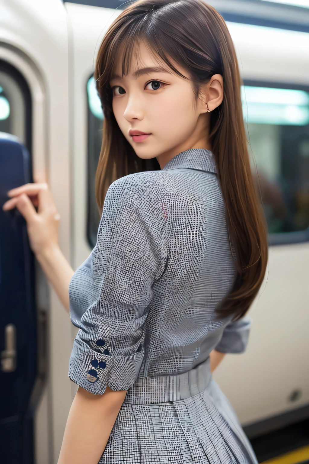 highest quality、High resolution、Detailed Background、(Beautiful face in every detail:1.4)、Anatomically correct、(Draw the usual number of fingers:1.2)、(Detailed facial expressions)、(Detailed eyes:1.2)、(Detailed eyes:1.2)、Beautiful, smooth skin、age beauty、(Highly detailed face:1.4)、cute hair color、ponytail、Bobcut、Braided long hair、Wavy Hairstyle、well-groomed eyebrows、Perfect body line、In a crowded train、Navy blue sailor suit、White sailor collar、Checkered Pleated Skirt、White knee-high socks、Cowboy Shot、
(A cute girl commuting to school by train:1.5)、
Super close-up of a sexy nape from directly behind、Close-up of the nape from directly behind、cute