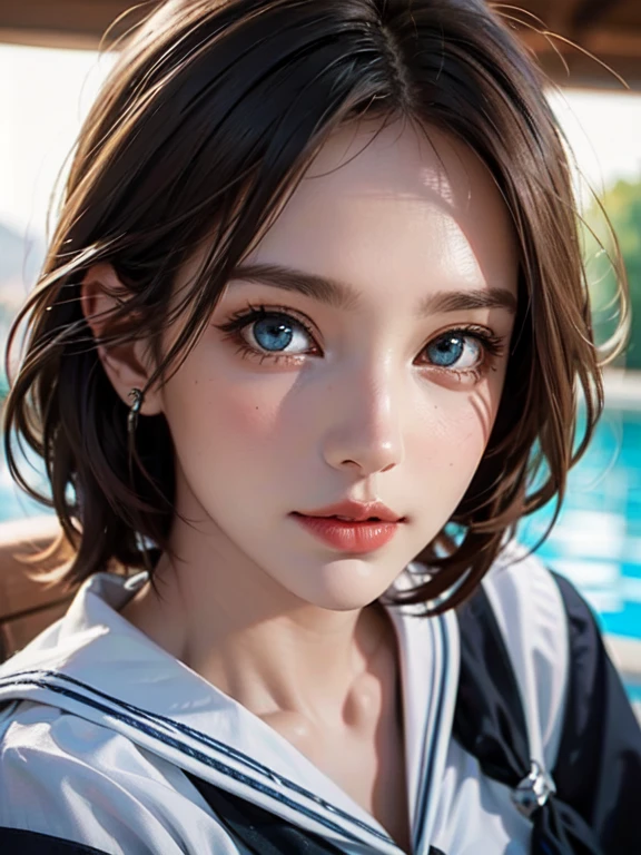 masterpiece, ultra high quality, high quality, High resolution, high quality details, high quality shadow, Attention to detail, Beautiful details, In detail, Highly detailed CG, Detailed Texture, a Realistic representation of the face, Realistic, colorful, delicate, Cinematic Light, Side light, Lens flare, Ray Tracing, Sharp focus, (Intricate details, compensate, Purelos Face_v1:0.5), (detailed beautiful delicate face, detailed beautiful delicate eyes, Perfectly balanced face, Attention to detailed skin, Detailed skin, The optimal ratio is four fingers to one thumb, from above, looking up at viewer, (sagging Breasts), (Cleavage), ((Smooth texture, Realistic texture, Photo Realistic)), (Beautiful eyes in every detail, Beautiful eyelashes, Emerald Eyes), Blonde medium hair, messy hair, 1female, By the pool, (((Sailor shirt, No sleeve, Open Front))), (Beautiful Face, Cute face, Detailed face), (((sunny))), perfecteyes eyes