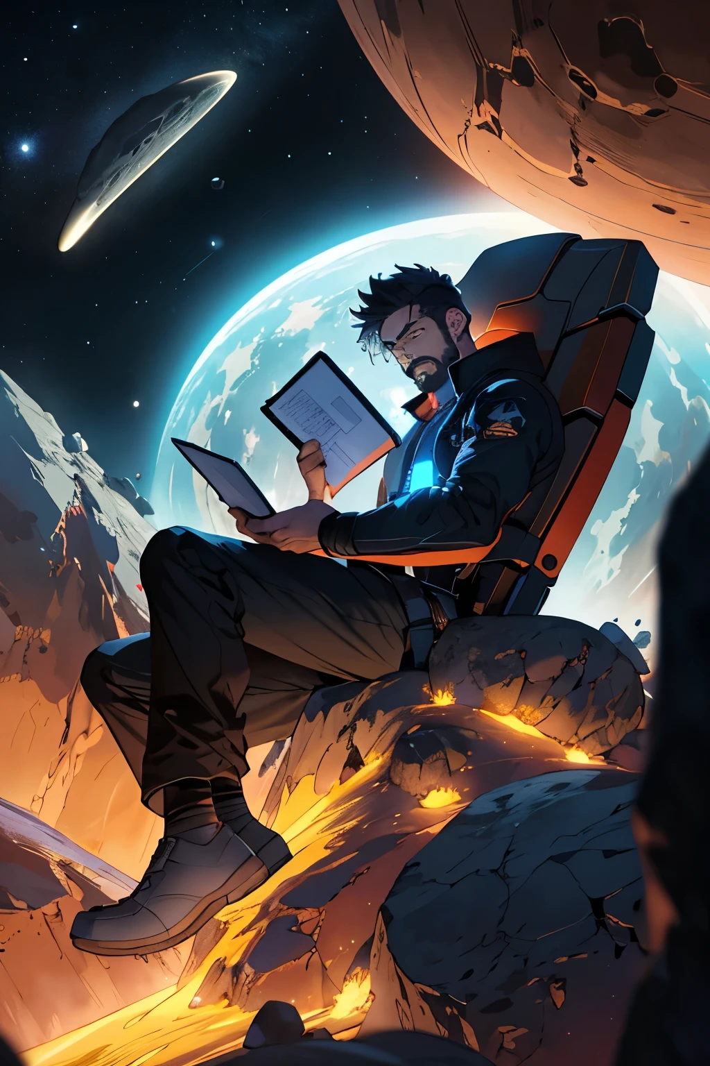 Draw a young programmer, sitting on a research platform floating in the middle of an asteroid belt. He is studying with a notebook, surrounded by several asteroids glowing with fiery auras. Dramatic lighting from distant stars and planets illuminates the scene, casting deep shadows on the suit. The young man looks confident and determined, looking at the vast and mysterious universe with wonder and respect,facial hair, cowboy shot,