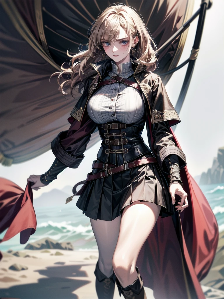 Practical pirate clothing, Long-sleeved pirate top, Skirt, boots, absurdres, RAW photo, extremely delicate and beautiful, masterpiece, Best Quality, ultra high resolution, 32k, hyperrealistic, ultra-detailed, detailed description, pale skin, 20 years old, tearful mole, earring, Colossal tits, short medium hair, wavy hair,