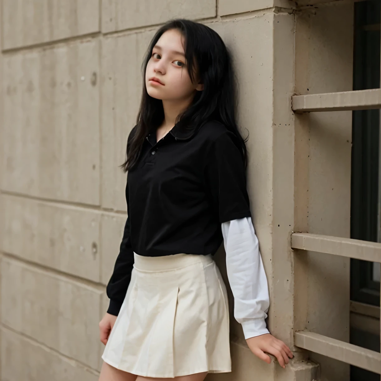 16 years old short girl, tucked shirt, long skirt, long sleeves, black hair