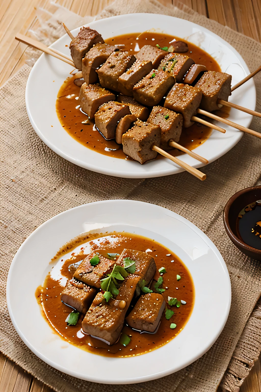 skewered meat peanut sauce with plate small plate white round photography realistic background black