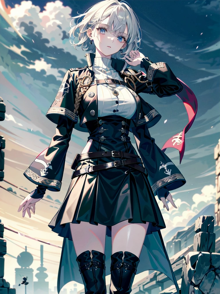 Practical pirate clothing, Long-sleeved pirate top, Skirt, boots, absurdres, RAW photo, extremely delicate and beautiful, masterpiece, Best Quality, ultra high resolution, 32k, hyperrealistic, ultra-detailed, detailed description, pale skin, 20 years old, tearful mole, earring, Colossal tits, short medium hair, wavy hair,
