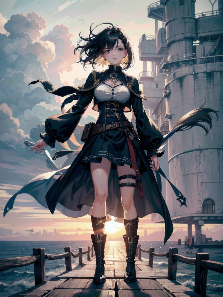 Practical pirate clothing, Long-sleeved pirate top, Skirt, boots, absurdres, RAW photo, extremely delicate and beautiful, masterpiece, Best Quality, ultra high resolution, 32k, hyperrealistic, ultra-detailed, detailed description, pale skin, 20 years old, tearful mole, earring, Colossal tits, short medium hair, wavy hair, 