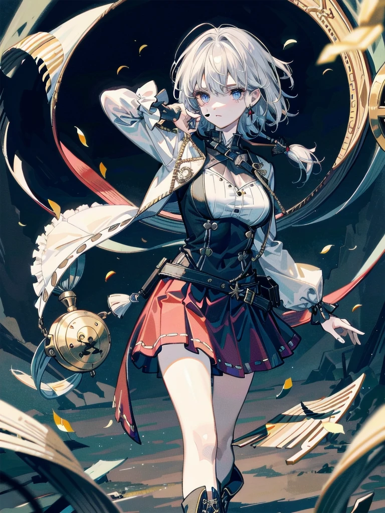 Practical pirate clothing, Long-sleeved pirate top, Skirt, boots, absurdres, RAW photo, extremely delicate and beautiful, masterpiece, Best Quality, ultra high resolution, 32k, hyperrealistic, ultra-detailed, detailed description, pale skin, 20 years old, tearful mole, earring, Colossal tits, short medium hair, wavy hair,