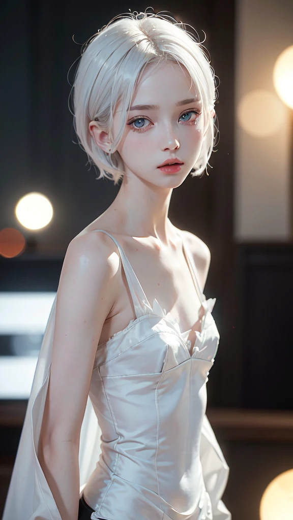 1 girl, (solitary:1.2), ((masterpiece)), Slim, , Pale skin, ((Exquisite eyes)), (Bokeh effect), Sweat, (Dynamic Angle),white hair, short hair, Bare shoulders,he'clavicle, armpit, (External), Smile, School cafeteria, Thong,sports shoes,White knee socks,running,Beautiful breasts、Huge breasts:1.4,Full breasts,White Girls Sports,high resolution,Super detailed,Fraction,Slim腿,Beautiful breasts、Huge breasts:1.4,Full breasts