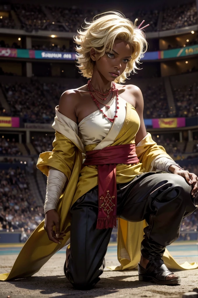 arslanaltan, 1girl, blonde hair, short hair, green eyes, dark skin, brown skin, hair ornament, sash, baggy pants, bandages, bare shoulders, necklace, (Masterpiece, Best Quality, Highres:1.2), Detailed, Intricate Details, 4K, solo, cowboy shot, high rating, arena, audience, crowd, kneeling, sitting on heels, closed mouth, serious look, serious expression, looking at viewer,