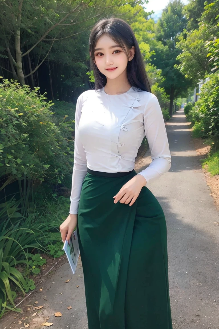 steady smile Peaceful and beautiful face civilized dress; Along the village road, to the school, wearing a white top as a duty gown, a long green skirt below, a beautiful body that captivates everyone who sees it, high hips, a clear maximum figure, an innocent image wrapped in high quality. 3D HD