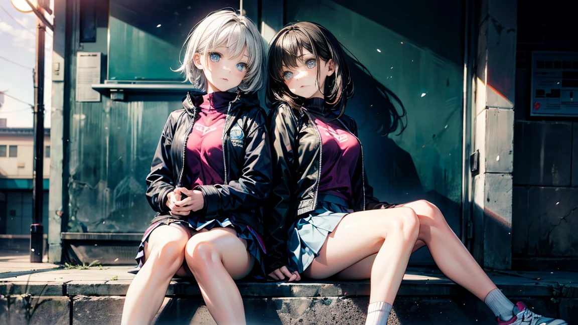 campus,two girls,16 years old,beautiful,Hold together,Uniforms,coat,Short skirt,Bare legs,White socks,sports shoes,emaciated,thin legs