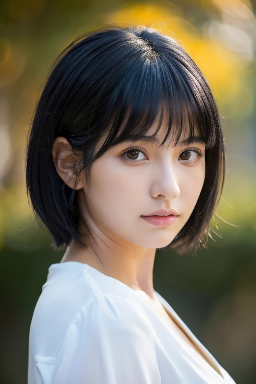 [Blue-black:.3] hair, (masterpiece:1.3), (8k, Realistic, RAW Photos, highest quality: 1.4), Japanese, (One girl), Beautiful Face, (Realistic Face), (black hair, short hair:1.3), beautiful hairstyle, Realistic eyes, Beautiful fine details, (Realistic Skin), Beautiful Skin, Charm, Ultra-high resolution, Ultra-realistic, Very detailed, Golden Ratio,Bust Shot,Business casual attire,The background is in the room