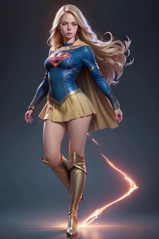 (8K, Best Quality, Photorealistic, masutepiece:1.2), super girl, Blue eyes, Blonde hair, Long hair, Cape, Superhero, Skirt, long boots, (Blonde girl:1.5), (Breast Focus:1.2), (Realistic:1.2), (Far View: 1.2), (Realism), (masutepiece:1.2), (Best Quality), (ultra-detailliert), (8K, 4K, Convoluted), (full body Esbian:1.5), (85 mm), light Particle, Lighting, (Highly detailed:1.2), (Detailed face:1.2), (gradients), SFW, Colorful, (Detailed eyes:1.2), (Detailed background), (Dynamic Angle:1.2), (Dynamic Pose:1.2), (rule of third_Composition:1.3), (Line of action:1.2), Wide Shot, Daylight, Solo.