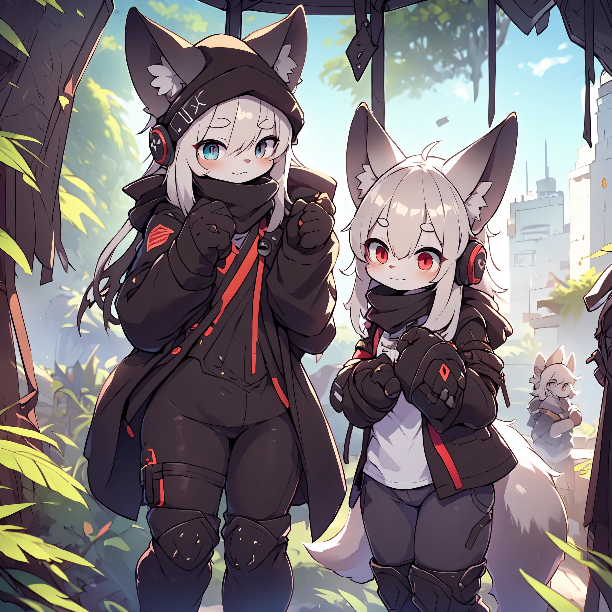 Kawaii, Striped Fluffy Fox, emaciated, long hair, 3girls, artificial synthetic skin, life support prosthetics, digital headphones, black tight latex bodysuit, white long dress, thigh-high-socks, shorts, loose off-the-shoulder hood open jacket, holsters in thigh, Mechanical boots, tactical knee pads, tactical belted loose Arm Sleeves, cybernetic Display gloves, chest rigs, tactical belts, blue archive halo, bulletproof goggles on forehead, from Ark nights, ray tracing, depth of field, bloom, masterpiece, ccurate, high details, highres