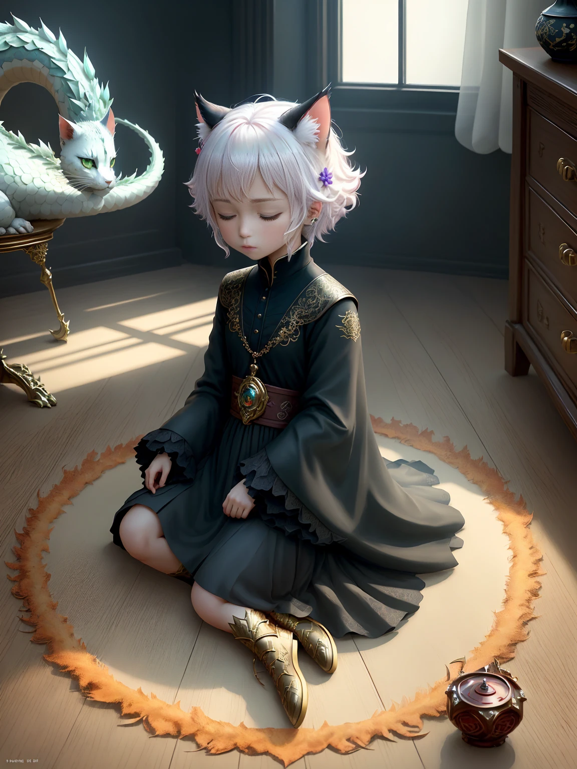 Faris Style, alone, hair ornaments, close your eyes, flower, wing, horn, Cat, white Cat, Dragon-Cat, hair flower, No humans, gem, Dragon, scale, eastern Dragon, Movie angle, Cinema Lighting, Shorthand, Depth of written boundary, Detailed Background, masterpiece, highest quality , Official Art ,