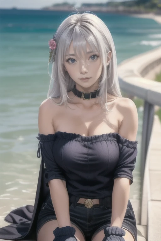 Best quality, masterpiece, detailed,
Rossweiss, Rossweisse 1 girl, closed mouth, slight smile,
White hair, green eyes, sea green eyes, long hair, hair ornament,
armor, mittens, bare shoulders,
I look at the viewer,
on open air