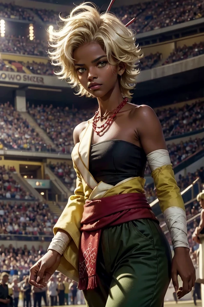 arslanaltan, 1girl, blonde hair, short hair, green eyes, dark skin, brown skin, hair ornament, sash, baggy pants, bandages, bare shoulders, necklace, (Masterpiece, Best Quality, Highres:1.2), Detailed, Intricate Details, 4K, solo, cowboy shot, high rating, arena, audience, crowd, walking, closed mouth, serious look, serious expression, looking at viewer,