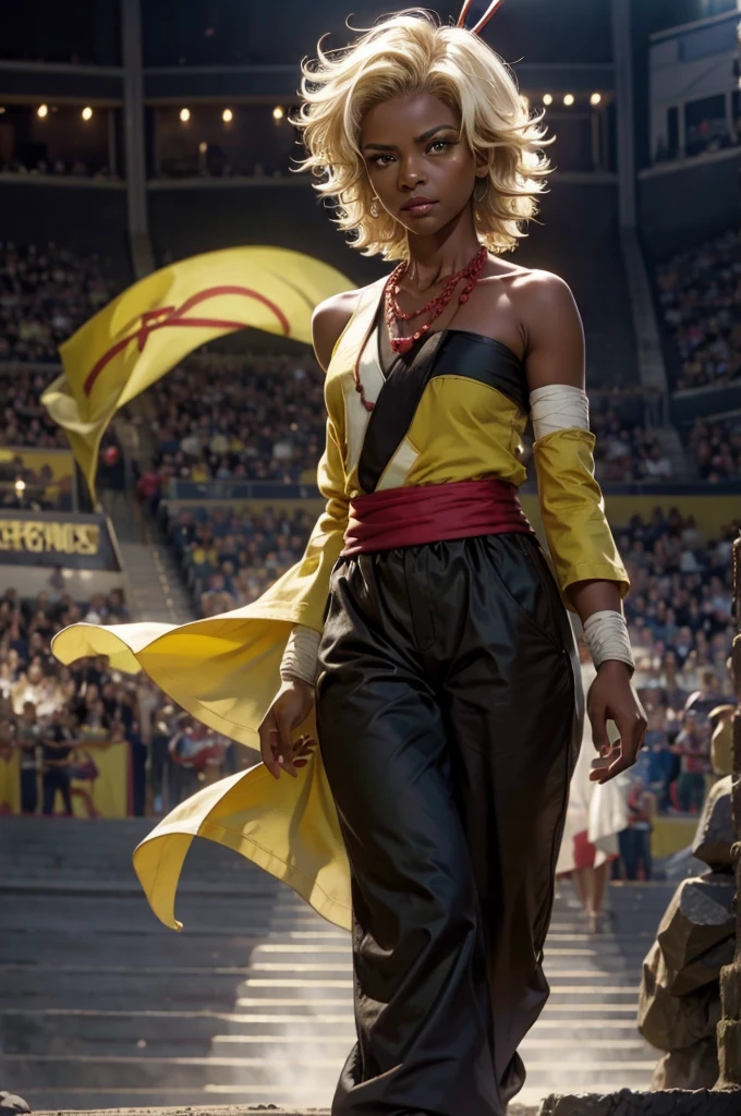 arslanaltan, 1girl, blonde hair, short hair, green eyes, dark skin, brown skin, hair ornament, sash, baggy pants, bandages, bare shoulders, necklace, (Masterpiece, Best Quality, Highres:1.2), Detailed, Intricate Details, 4K, solo, cowboy shot, high rating, arena, audience, crowd, walking, closed mouth, serious look, serious expression, looking at viewer,