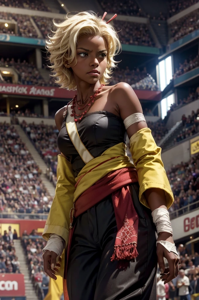 arslanaltan, 1girl, blonde hair, short hair, green eyes, dark skin, brown skin, hair ornament, sash, baggy pants, bandages, bare shoulders, necklace, (Masterpiece, Best Quality, Highres:1.2), Detailed, Intricate Details, 4K, solo, cowboy shot, high rating, arena, audience, crowd, walking, closed mouth, serious look, serious expression, looking at viewer,