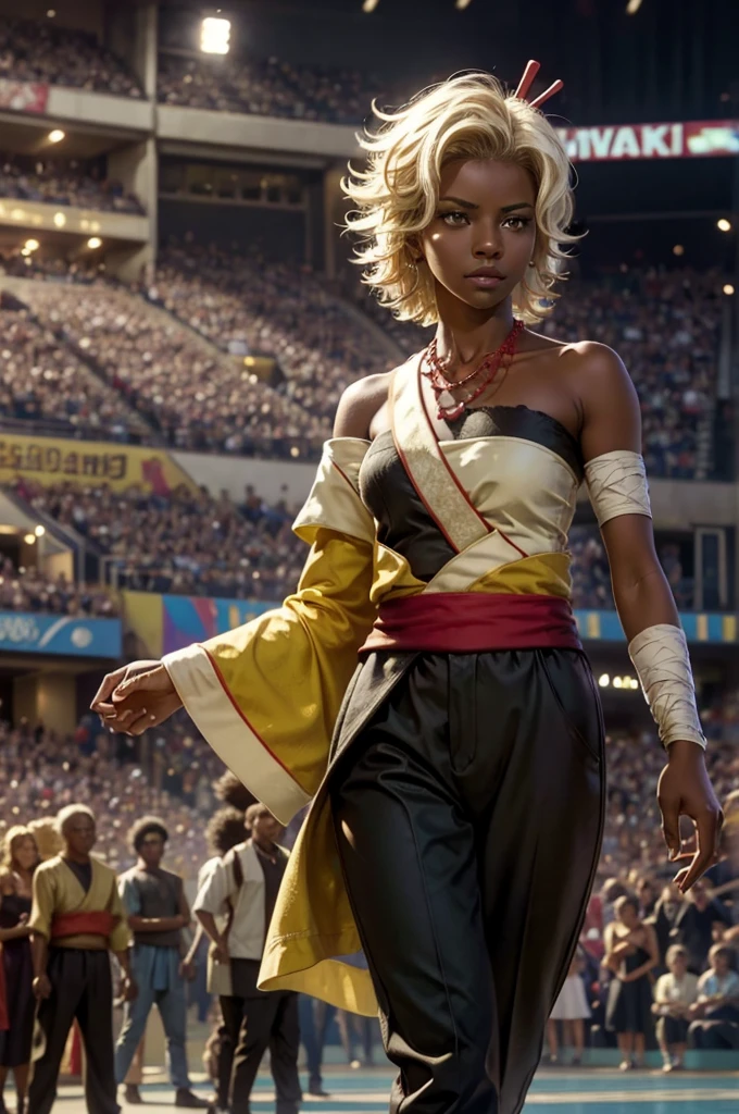 arslanaltan, 1girl, blonde hair, short hair, green eyes, dark skin, brown skin, hair ornament, sash, baggy pants, bandages, bare shoulders, necklace, (Masterpiece, Best Quality, Highres:1.2), Detailed, Intricate Details, 4K, solo, cowboy shot, high rating, arena, audience, crowd, walking, closed mouth, serious look, serious expression, looking at viewer,