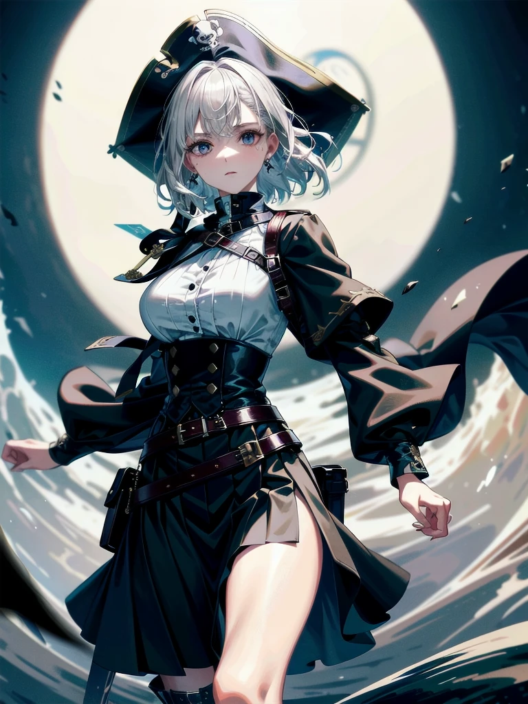 Practical pirate clothing, Long-sleeved pirate top, Skirt, boots, absurdres, RAW photo, extremely delicate and beautiful, masterpiece, Best Quality, ultra high resolution, 32k, hyperrealistic, ultra-detailed, detailed description, pale skin, 20 years old, tearful mole, earring, Colossal tits, short medium hair, wavy hair, 