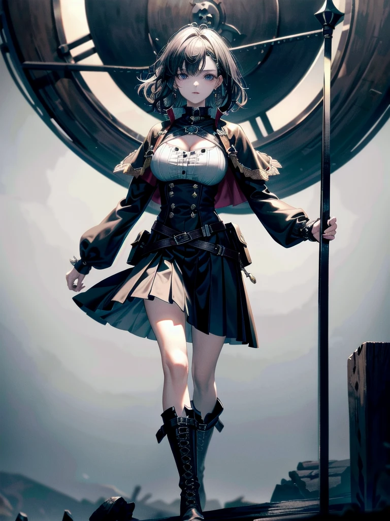 Practical pirate clothing, Long-sleeved pirate top, Skirt, boots, absurdres, RAW photo, extremely delicate and beautiful, masterpiece, Best Quality, ultra high resolution, 32k, hyperrealistic, ultra-detailed, detailed description, pale skin, 20 years old, tearful mole, earring, Colossal tits, short medium hair, wavy hair, 