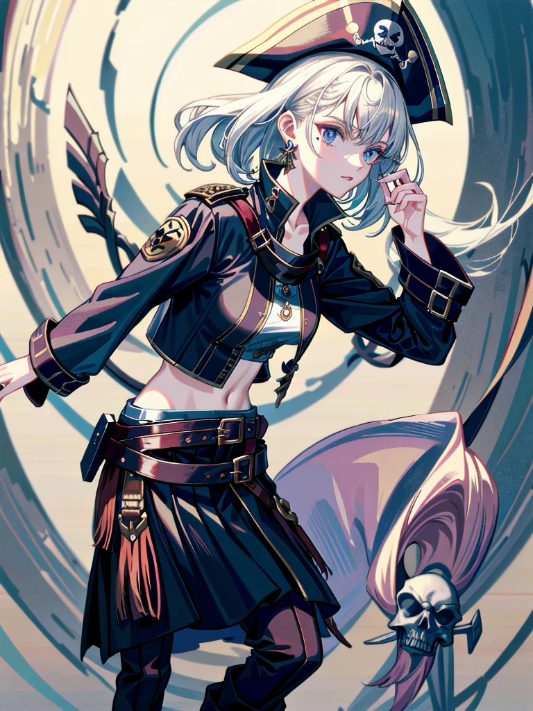 Practical pirate clothing, Long-sleeved pirate top, Skirt, boots, absurdres, RAW photo, extremely delicate and beautiful, masterpiece, Best Quality, ultra high resolution, 32k, hyperrealistic, ultra-detailed, detailed description, pale skin, 20 years old, tearful mole, earring, Colossal tits, short medium hair, wavy hair, 