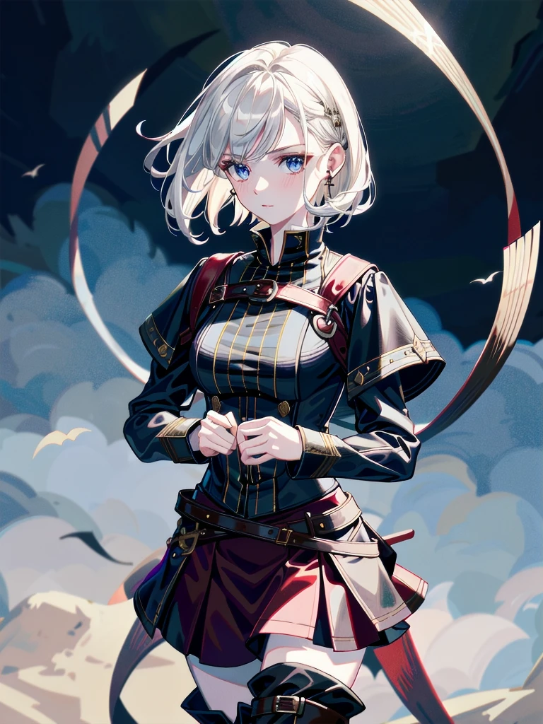 Practical pirate clothing, Long-sleeved pirate top, Skirt, boots, absurdres, RAW photo, extremely delicate and beautiful, masterpiece, Best Quality, ultra high resolution, 32k, hyperrealistic, ultra-detailed, detailed description, pale skin, 20 years old, tearful mole, earring, Colossal tits, short medium hair, wavy hair, 