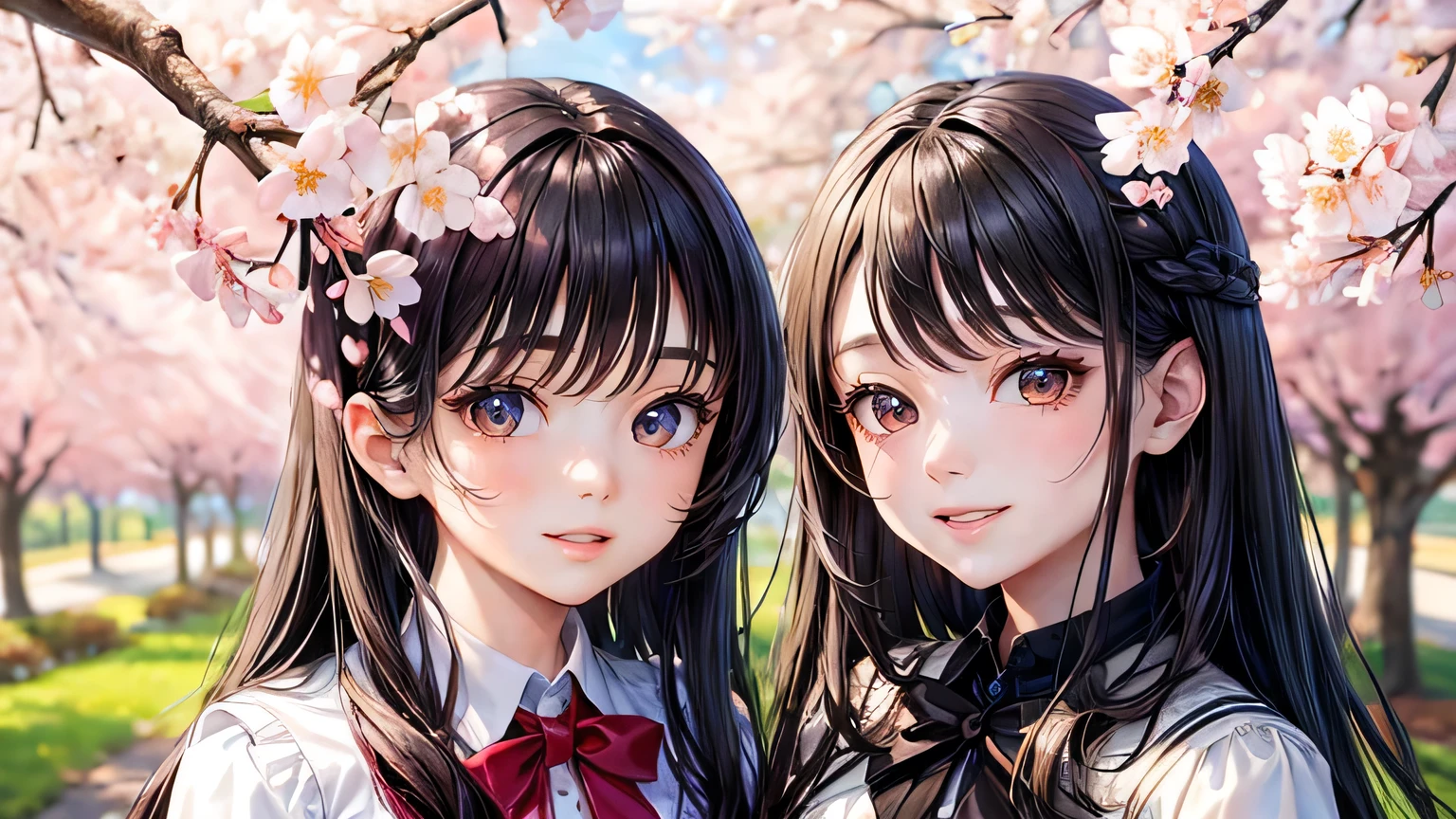 (oil, masterpiece, highest quality, Super detailed, Focus on the characters), One female,Beautiful black hair,A big smile,Beautiful cherry blossoms,Detailed hair depiction,Cherry blossom cardigan,([return:0.8]|[ face facing returnwards:1.1]), ,([Cherry Blossom Tree Lined Scenario:1.2]|[ ground:1.3]| [High Contrast:1.1])  