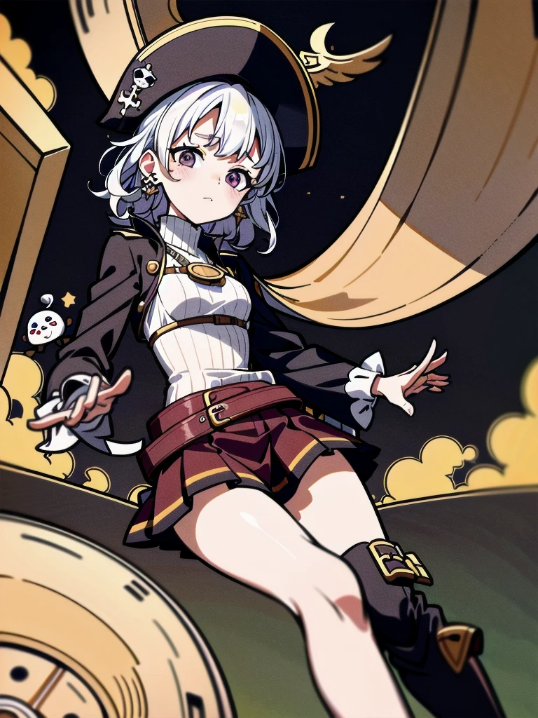 Practical pirate clothing, Long-sleeved pirate top, Skirt, boots, absurdres, RAW photo, extremely delicate and beautiful, masterpiece, Best Quality, ultra high resolution, 32k, hyperrealistic, ultra-detailed, detailed description, pale skin, 20 years old, tearful mole, earring, Colossal tits, short medium hair, wavy hair, 