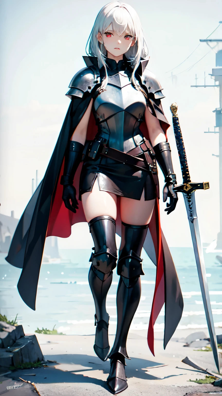 Maiden Knight,,White hair,Red pupils,Black Armor,Knight with a great sword,Black cape,high resolution,Perfect face,whole body,detailed,best quality,masterpiece