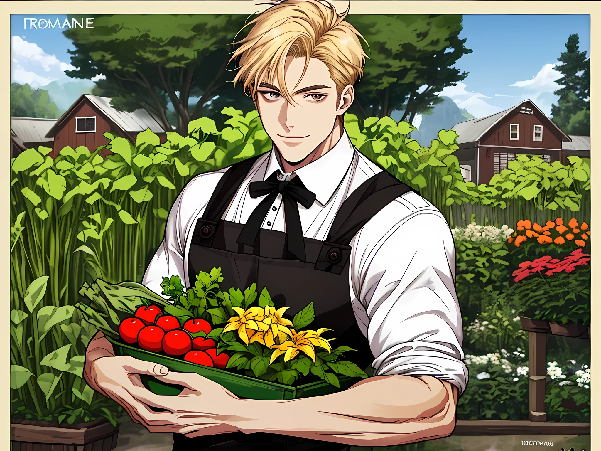 Smiling muscular man in apron holding a box of vegetables，thumb up, advertisement picture, advertising photograph, wearing apron, promo image, personal profile picture, gardening, farmer, promo art, Home and garden, Handsome man, attractive and good looking, professional picture, Attractive man, professional profile picture, high quality portrait, very professional, As well as handymen, blonde hair, black eyes, short hair, detailed face, detailed eyes, extremely detailed eyes