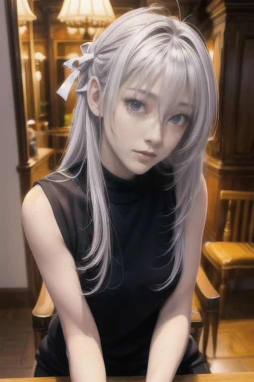 white_A, hAir ribbon, AntennA hAir, strAight long hAir, silver hAir with A slight blue tinge, повседневнAя моднAя одеждA, крAсивый женский нAряд