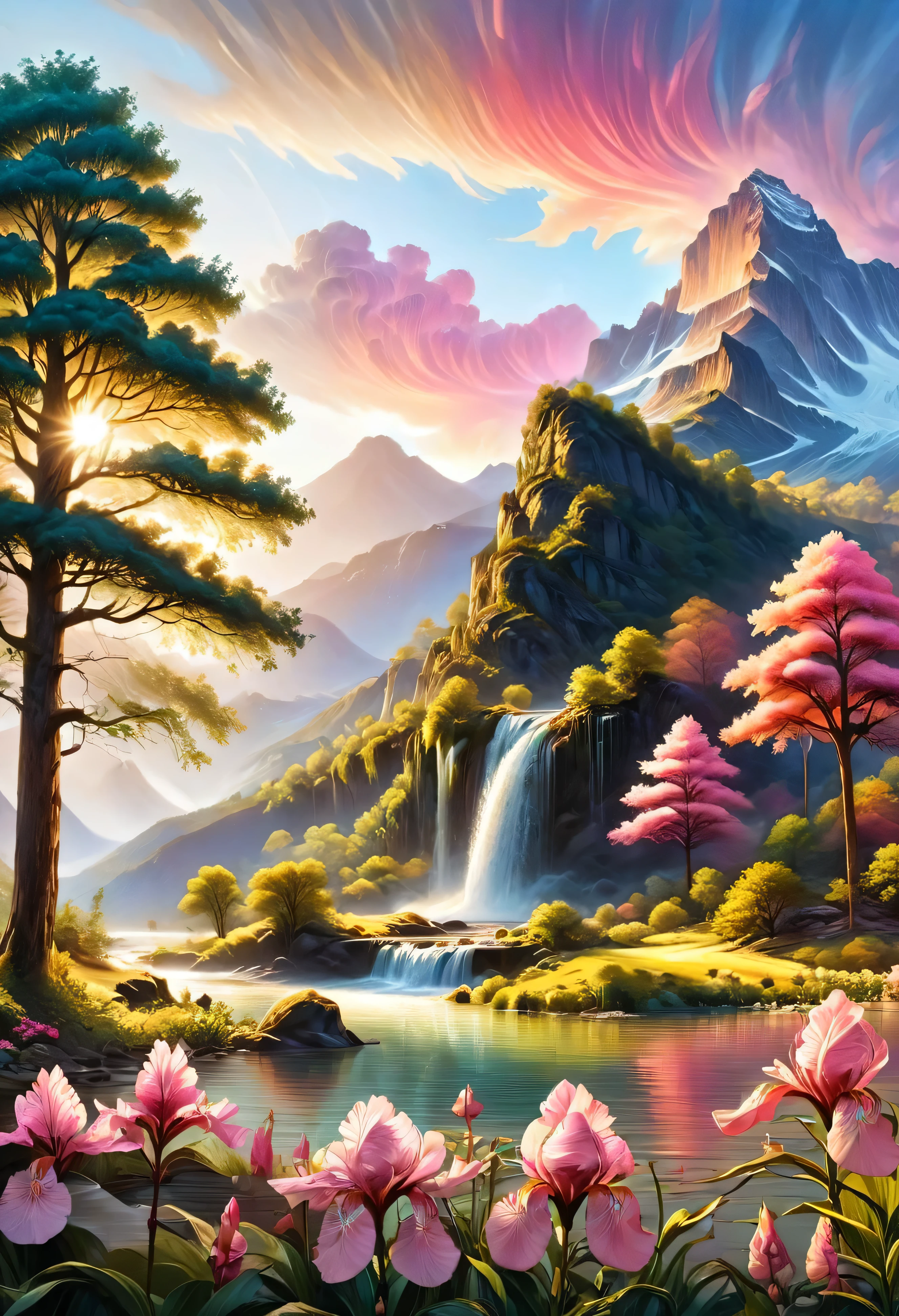 ChromaV5, nvinkpunk, analoger Stil, a beautiful house on a beautiful mountain full of hyper-detailed, pink spring trees, with beautiful and realistic waterfalls in the background, with beautiful and spectacular sunset, Konzeptkunst, Art by greg rutkowski and albert bierstadt, Trends bei Artstation, Oil painting, octane render, filmisch