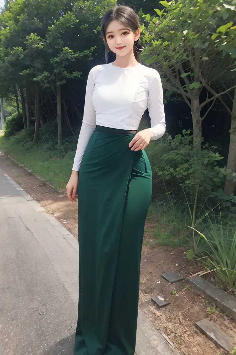steady smile Peaceful and beautiful face civilized dress; Along the village road, to the school, wearing a white top as a duty gown, a long green skirt below, a beautiful body that captivates everyone who sees it, high hips, a clear maximum figure, an innocent image wrapped in high quality. 3D HD