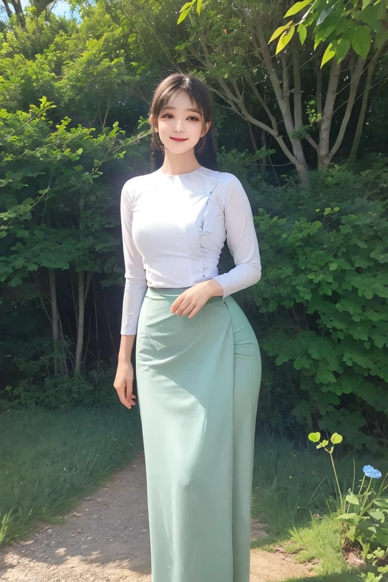 steady smile  Peaceful and beautiful face  civilized dress;  Along the village road, to the school, wearing a white top as a duty gown, a long green skirt below, a beautiful body that captivates everyone who sees it, high hips, a clear maximum figure, an innocent image wrapped in high quality.  3D HD