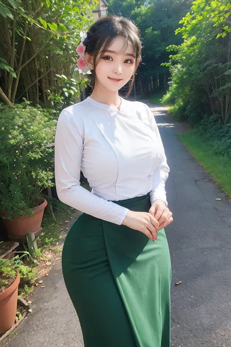 steady smile  Peaceful and beautiful face  civilized dress;  Along the village road, to the school, wearing a white top as a duty gown, a long green skirt below, a beautiful body that captivates everyone who sees it, high hips, a clear maximum figure, an innocent image wrapped in high quality.  3D HD