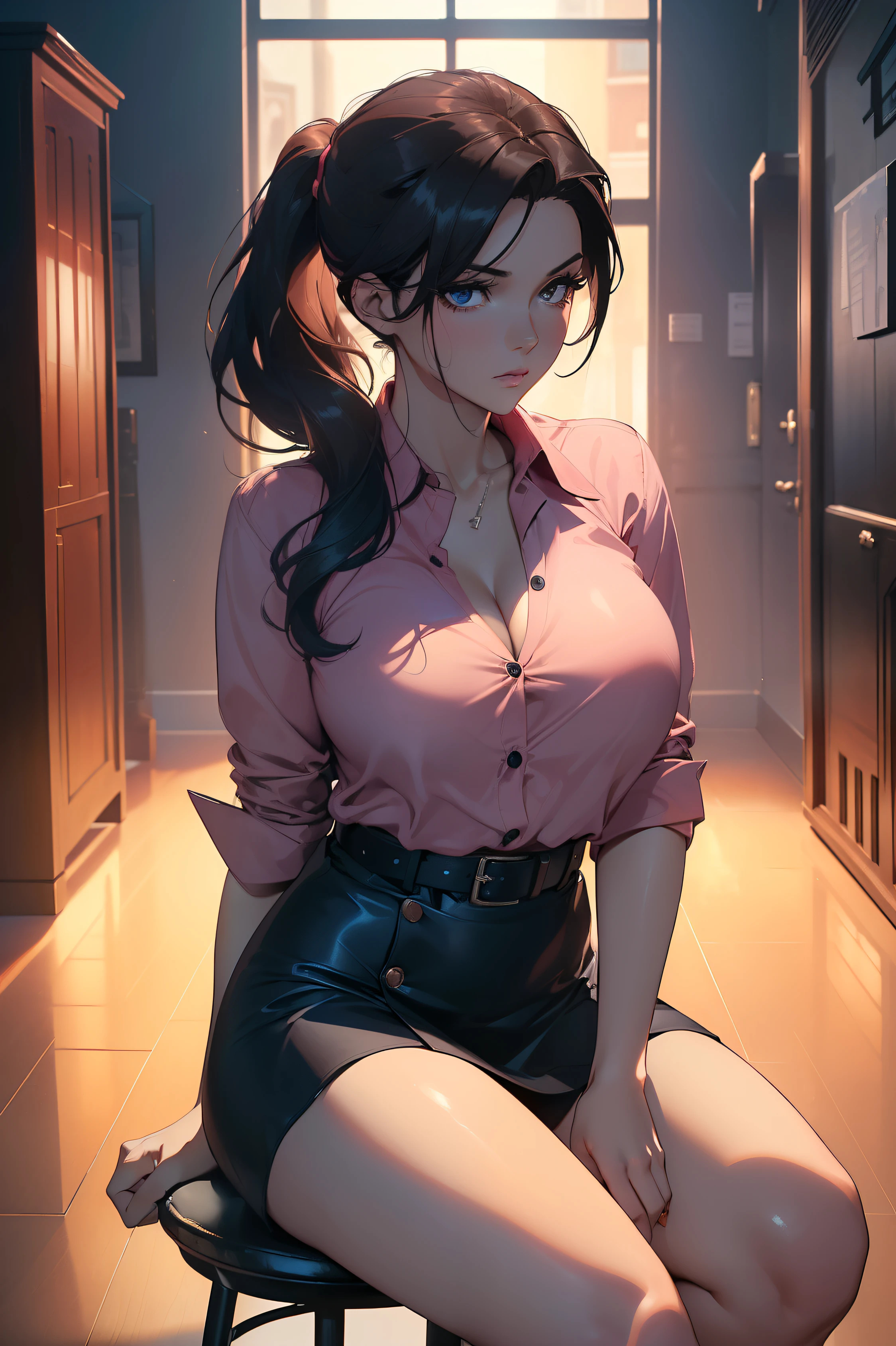 (masterpiece, best quality, ultra-HD, wallpaper, cinematic, photorealistic), (medium shot), ((alluring woman, posing seductively)), (perfect anatomy, voluptuous body, very glossy skin, reddish skin), (large cleavage, long round legs), (perfect hands, perfect feet), ((light pink button-up shirt, navy blue mini skirt)), ((her hair is a sleek low ponytail with a deep side part)), ((A cognac brown statement belt and classic black pumps)), ((white empty room)), ((sitting on a high black stool))