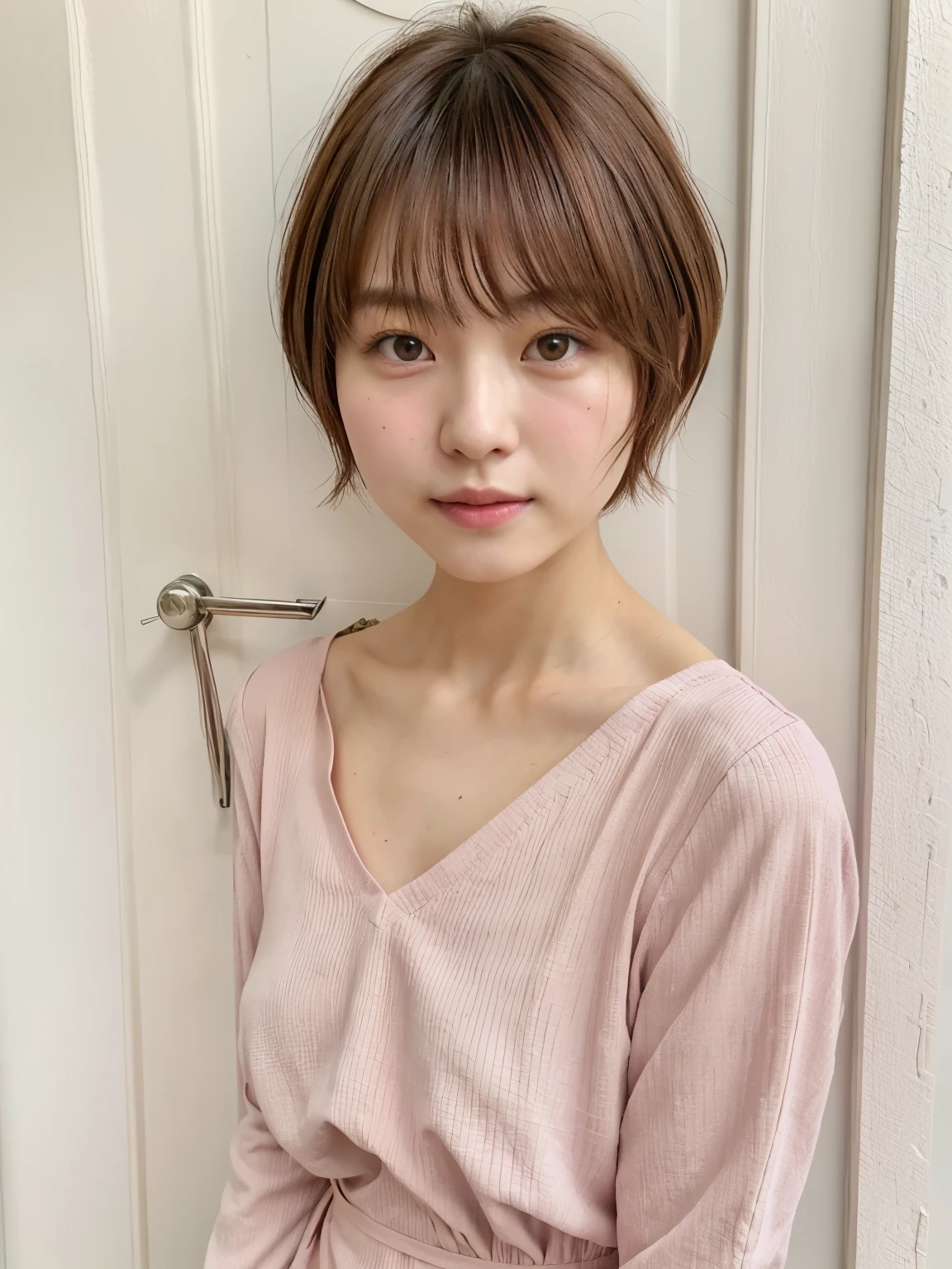 Tabletop、Japanese women、RAW Photos (30-year-old woman),Pink long sleeve dress,Realistic skin, (Skin with attention to detail:1.2),In front of a white door,Spring colors,Realistic, Film Grain,Bright colors,Beautiful Face,Soft natural light、Shortcuts、short hair