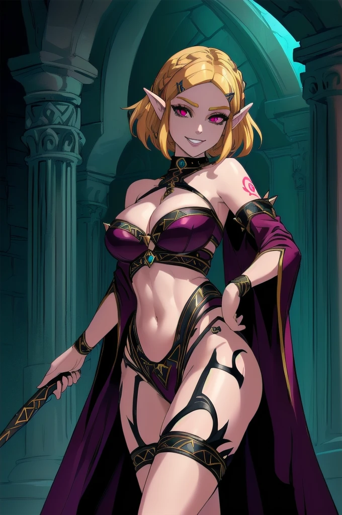 (perfect composition),(zelda totk reimagined as a corrupted dark queen by ganon  )+++, sfw++,masterpiece, best quality, high quality, illustration, film grain,(perfect female )++, beautiful detailed eyes,  (symbol of evil:1.2),milf zelda, lascivious woman, (evil smile:1.1), (villain, dark heroine:1.2), (perfect female proportions:1.1), (seductive eyes:1.2), eyeliner, mascara, sexy makeup, (seductive smile:1.2), (mature woman:1.4),masterpiece, best quality, high quality, illustration, film grain, 1girl, (glowing evil red eyes), evil grin, crazy eyes, (high resolution, masterpiece, ultra best quality, insanely amazing hyper fine extremely detailed, official:1.4) dark heroine anime girl with short hair in a dark and evil place, extremely detailed artgerm, (official:1.4), dynamic composition, (solo girl:1.4), {sfw}, masterpiece, ultra-detailed, iconic attack, dominatrix, spiked collar, dark kingdom, bad end, 1girl, solo female, solo focus, mature female, standing, full body, looking at viewer, dark zelda totk, dark queen, evil, corruption, contrapposto, mind break, blond hair, (short hair:1,5), evil smile, lips, eyelashes, evil grin, dark aura, thigh_clothes, ,alternate costume, bdsm, (intricate details:1.12), (intricate details, hyperdetailed:1.15), hdr, dungeon, (at night:1.2), fireplace, warm light, dramatic light, cinematic,creepy dungeon, dark aesthetic, goth aesthetic, creepy, ominous background, dark atmosphere, death atmosphere, green and red atmosphere, evil dungeon background, gothique, faint darkness, ((red glow crotch tattoo)), 