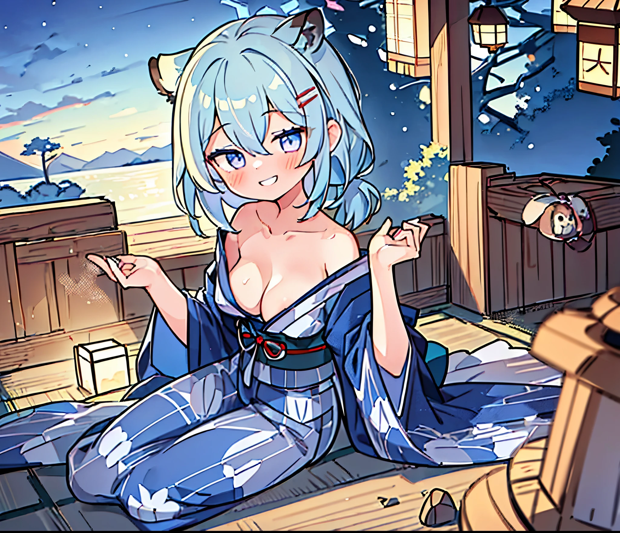 highest quality,Highest quality,masterpiece,{accurate},(1 girl:1.5),(shigure_bluearchive:1.5),yukata,Grin,sit,Tanuki's Ears,Emphasize cleavage,Large Breasts