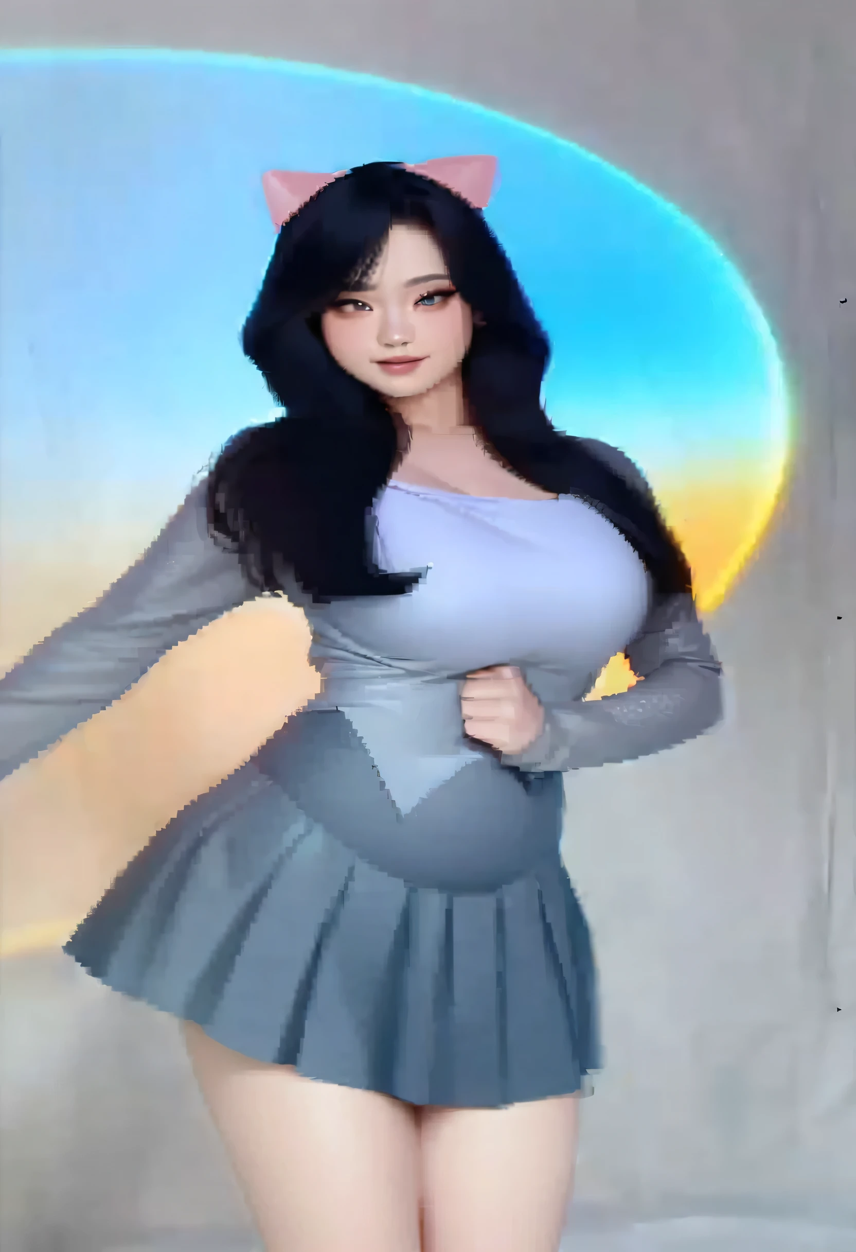 a close up of a woman in a skirt and a cat costume, she is dancing. realistic, attractive pose, on a mannequin. high quality, anime girl in real life, tzuyu from twice, korean girl, she has a jiggly fat round belly, trending at cgstation, thicc, she is dancing, hands behind her body pose!