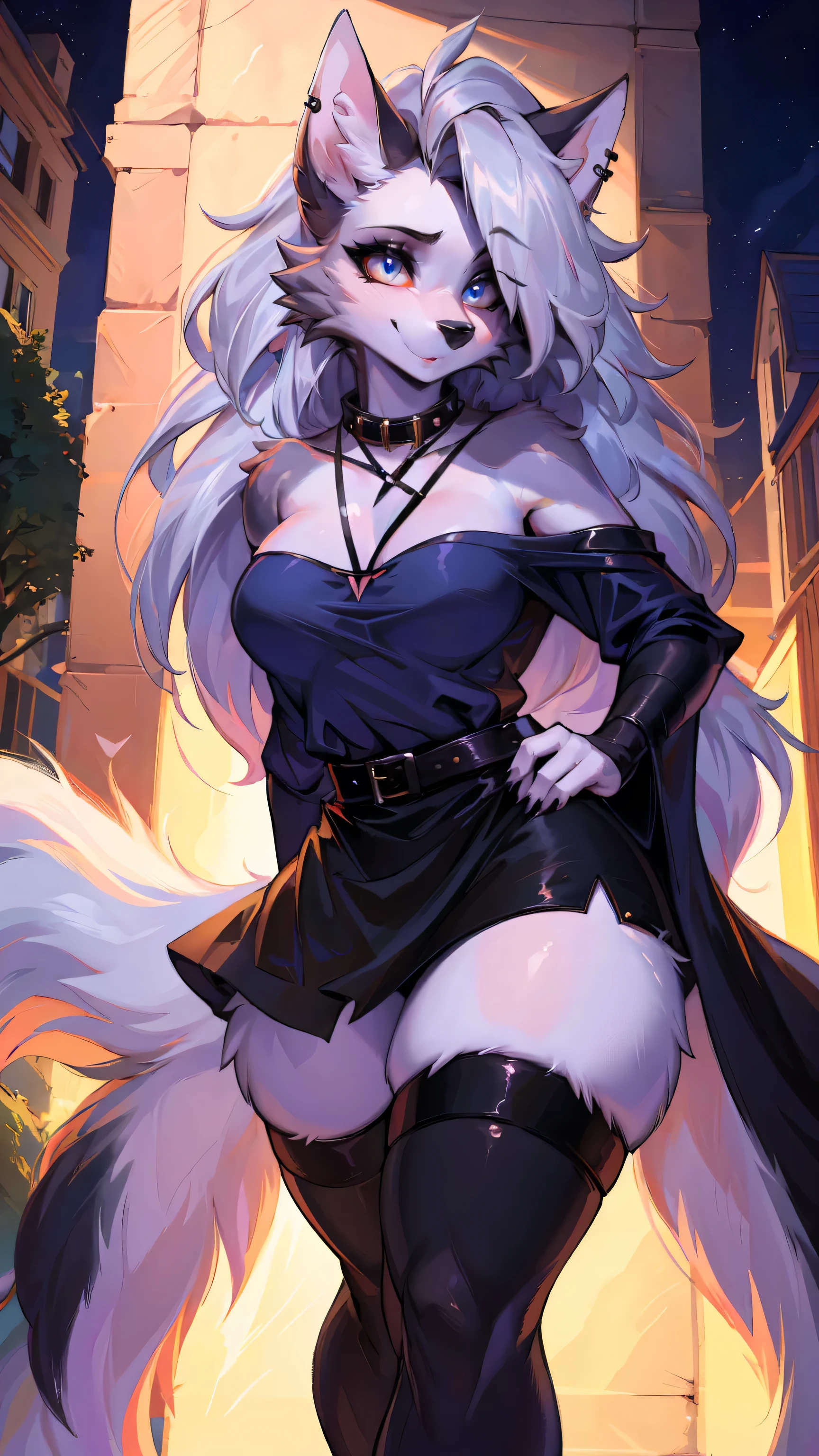 cute,furry_girl,wolf_girl,Elegant figure,Model's body_type,detailed_eyes,silver_hair,cute_ears,wolf_ears,black robe,fluffy_furs,earrings,stocking with garterbelt,neck garter,(perfect detailed eyes:1.5),(front:1.5),(furry:1.5),long lashes,flowy chiffon,(thick thighs:1.1),perfectly high-detail facial features,silky long hair,masterpiece, best quality, Ultra-high quality, Ridiculous details,(best quality,4k,8k,highres,masterpiece:1.2),ultra-detailed