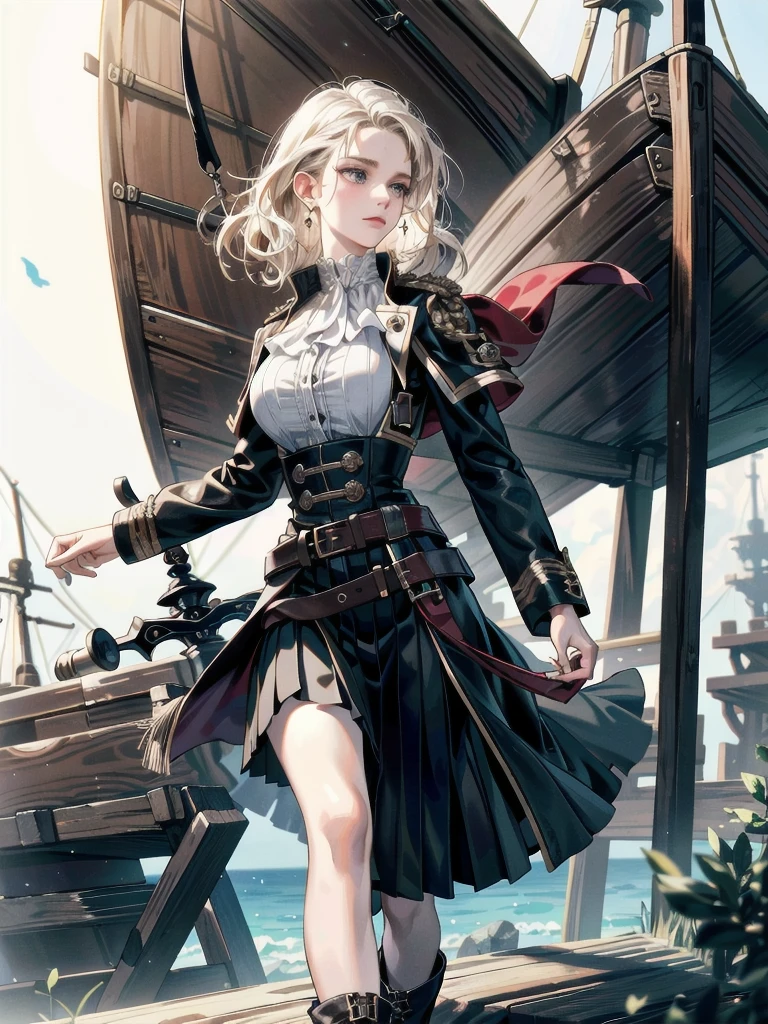Practical pirate clothing, Long-sleeved pirate top, Skirt, boots, absurdres, RAW photo, extremely delicate and beautiful, masterpiece, Best Quality, ultra high resolution, 32k, hyperrealistic, ultra-detailed, detailed description, pale skin, 20 years old, tearful mole, earring, Colossal tits, short medium hair, wavy hair,