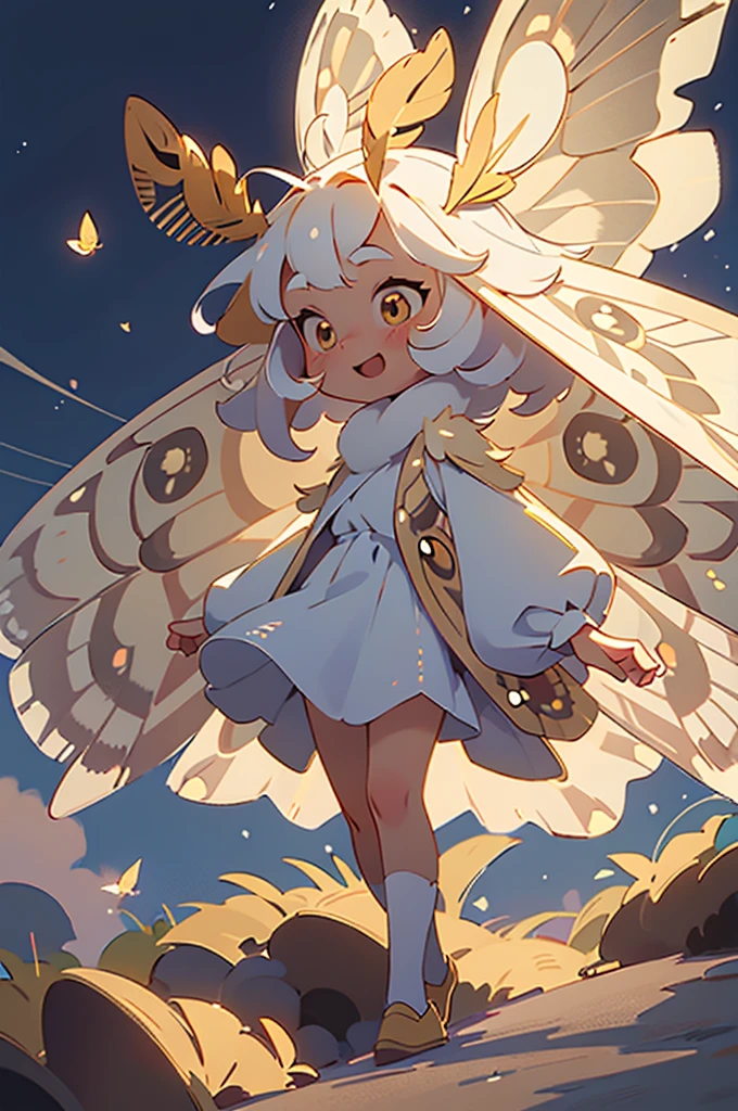 solo,1woman\(cute,kawaii,small kid,skin color white,short white hair,(big moth wing hair:1.7),white dress\(beautiful race\),(2moth antennaes at hair:1.8),smile,[moth wing on back:2.0],[moth wing on body:2.0],[moth wings:2.0],[extra arm],moth wing is only at hair,breast,dynamic pose\),background\(night,moon,((beautiful street light)),stars\), BREAK ,quality\(8k,wallpaper of extremely detailed CG unit, ​masterpiece,hight resolution,top-quality,top-quality real texture skin,hyper realisitic,increase the resolution,RAW photos,best qualtiy,highly detailed,the wallpaper,cinematic lighting,ray trace,golden ratio,\),full body,looking away